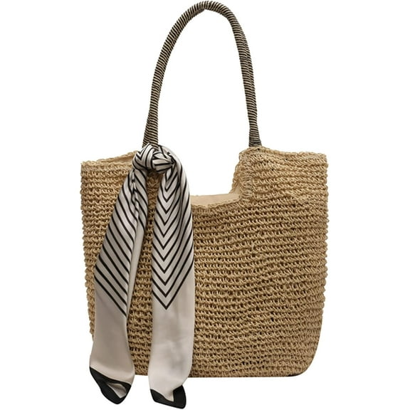 Straw Beach Bag, Summer Woven Tote Bag with Silk Scarf Large Shoulder Handbag Straw Purses and Handbags for Women