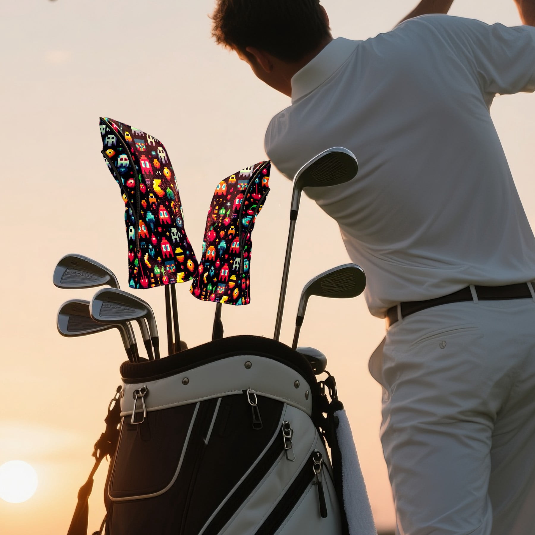 Golf Club Covers, Colorful Pixel Games Premium PU Leather Driver Hybrid Putter Head Covers with Velvet Lining, Waterproof Golf Gifts for Men Women