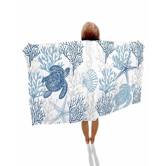 Navy Blue Grey Coastal Beach Towels Oversized Super Absorbent,Sea Turtle Nautical Coral Summer Beach Lightweight Bath Towel Quick Dry Sets For Bathroom/Pool/Rv Camping/Beach Play/Gym Room 23"x47"