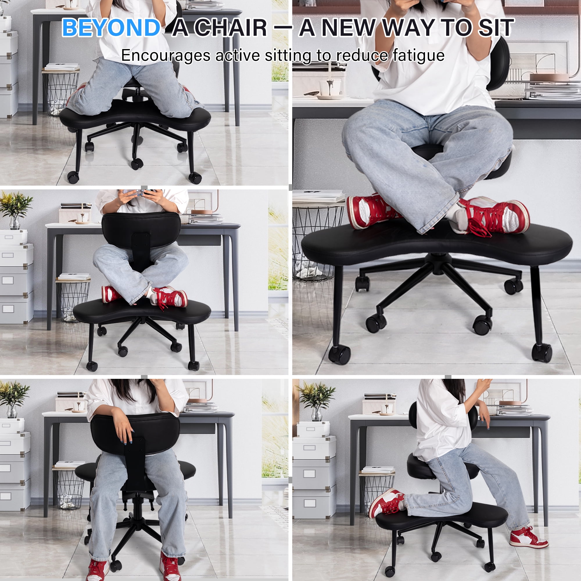 LAUSAINT HOME Ergonomic Cross Legged Swivel Chair, Adjustable Height, Meditation& ADHD Chair with Back Support, Home and Office, BLACK