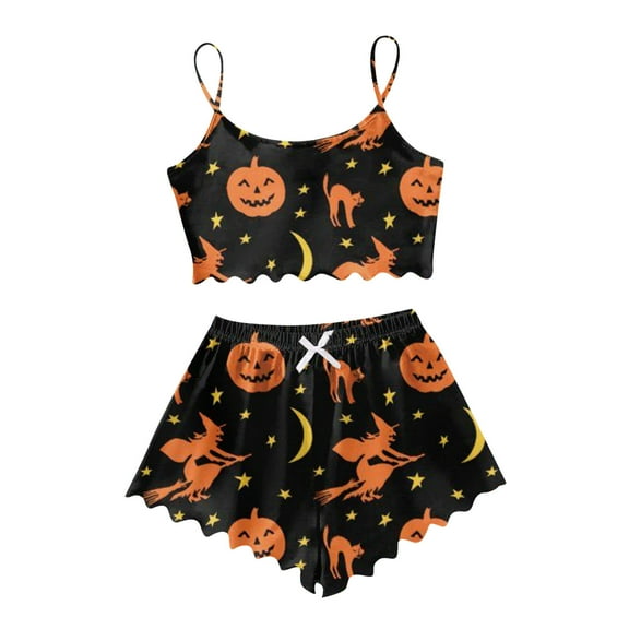 Yuncity Pumpkin Pajamas Women Silk Satin Pajamas Set 3Pcs Floral Lace With Robe Sleepwear Womens Halloween Pajamas,L
