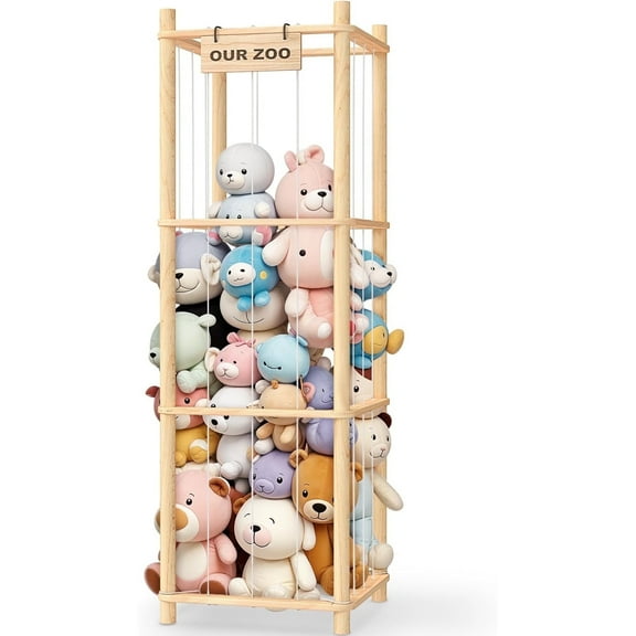 Stuffed Animal Storage & Organizer, Wooden Cute Zoo Toy Holder for Playrooms Bedrooms