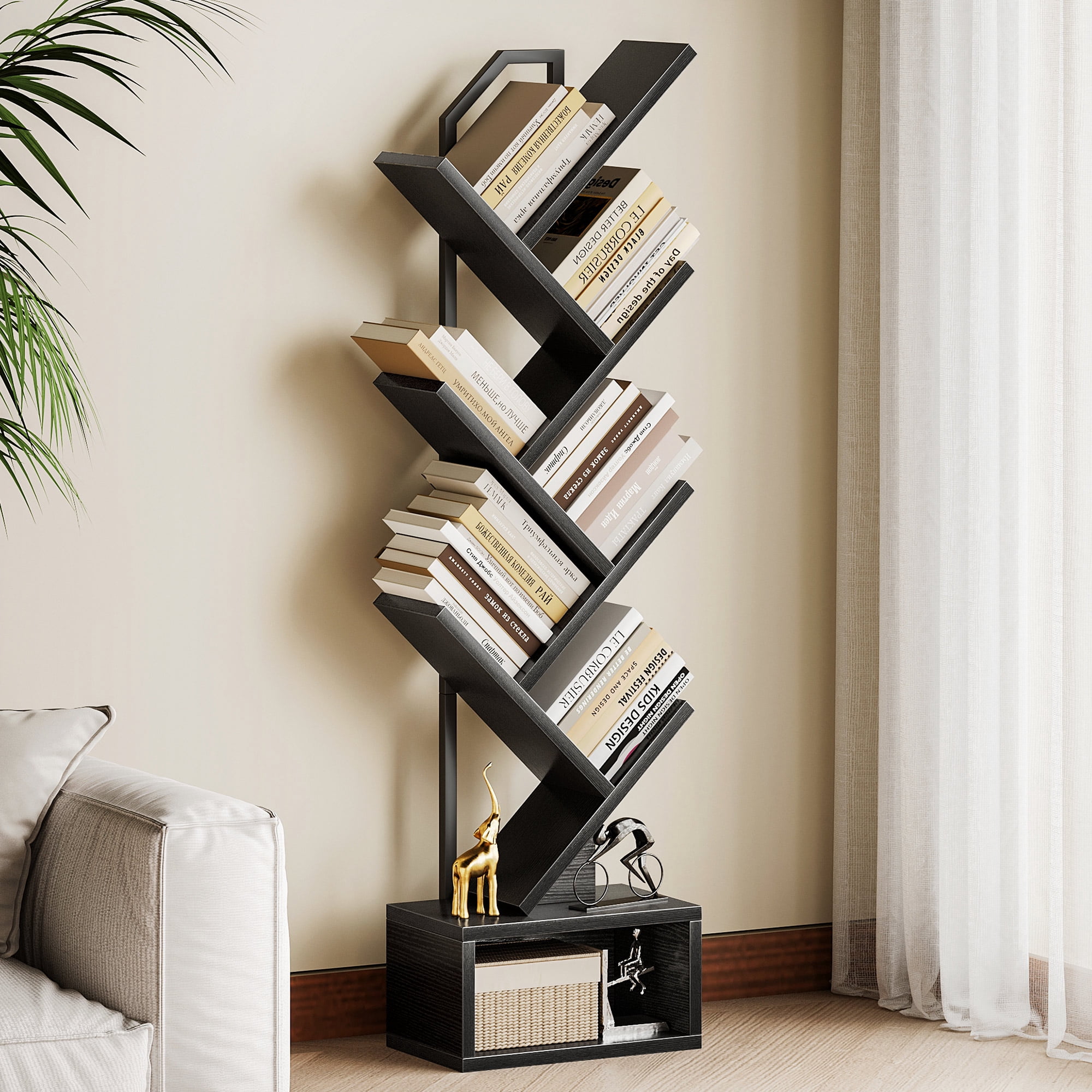 Casacomoda 6-Tier Tree Bookshelf for Corner & Small Space — Narrow Steel & Wood Bookcase, Tall Floor Standing Book Organizer Shelf with Storage Cabinet, Home Decor for Living Room, Bedroom, Black