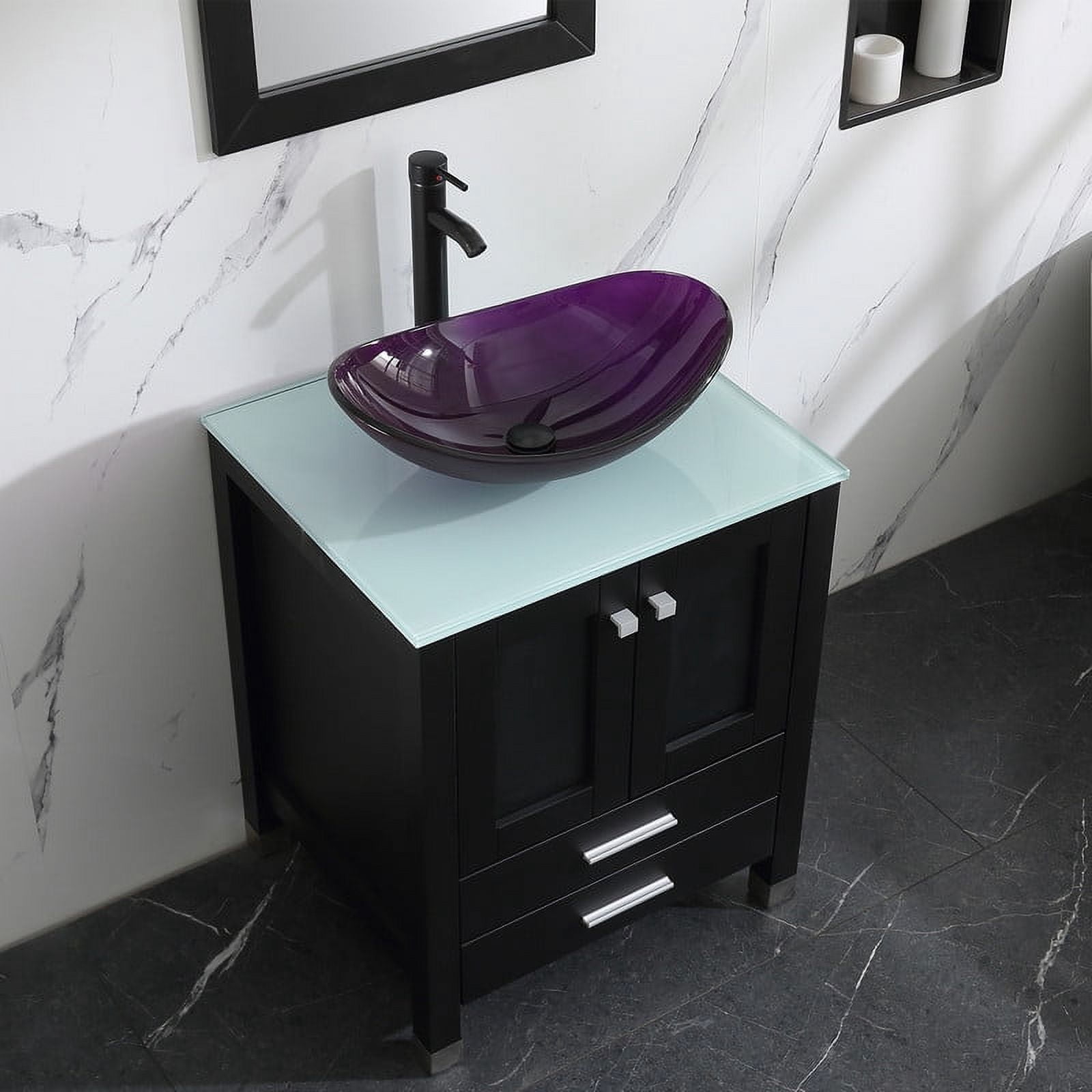 Walsport 24" Luxurious Bathroom Vanity with Purple Tempered Glass Vessel Sink Bowl and Countertop and Mirror and Faucet,Stand Floor Cabinet Bathroom Storage Vanity with Pop Up Drain,Black