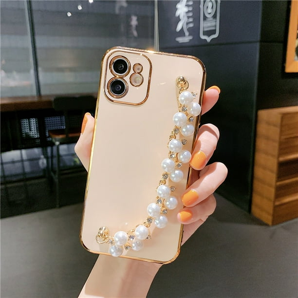 Funda de silicona chapada de lujo para iPhone, carcasa suave con cadena de pulsera de perlas para iPhone 13, 14, 12 Pro Max, 11, XS, X, XR, 7, 8 Plus, mini SE 2 Fivean unisex