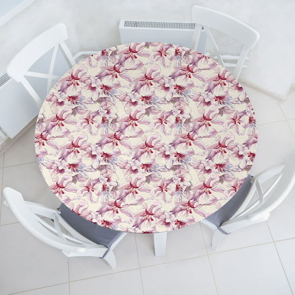 Ambesonne Cherry Blossom Fitted Round Tablecloth, Sakura Petals Art, 45"- 56" Diameter, Pale Pink and Magenta