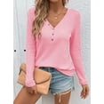 thumbnail image 2 of Women'S Long Sleeve Waffle Knit Shirts Dressy Casual Loose Button Up V Neck Henley Tops Fall Basic Tee Blouse Pink XXL, 2 of 5