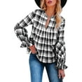 thumbnail image 2 of FANCYINN Women's Casual Flannel Plaid Pleated Front Babydoll Tunic Tops Split Neck Long Lantern Sleeves Loose Pullover Shirts Black & White Plaid S, 2 of 5