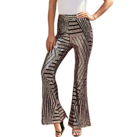 

Suanret Women Loose Wide-leg Pants Female Casual High-waisted Sequin Trousers Brown XL