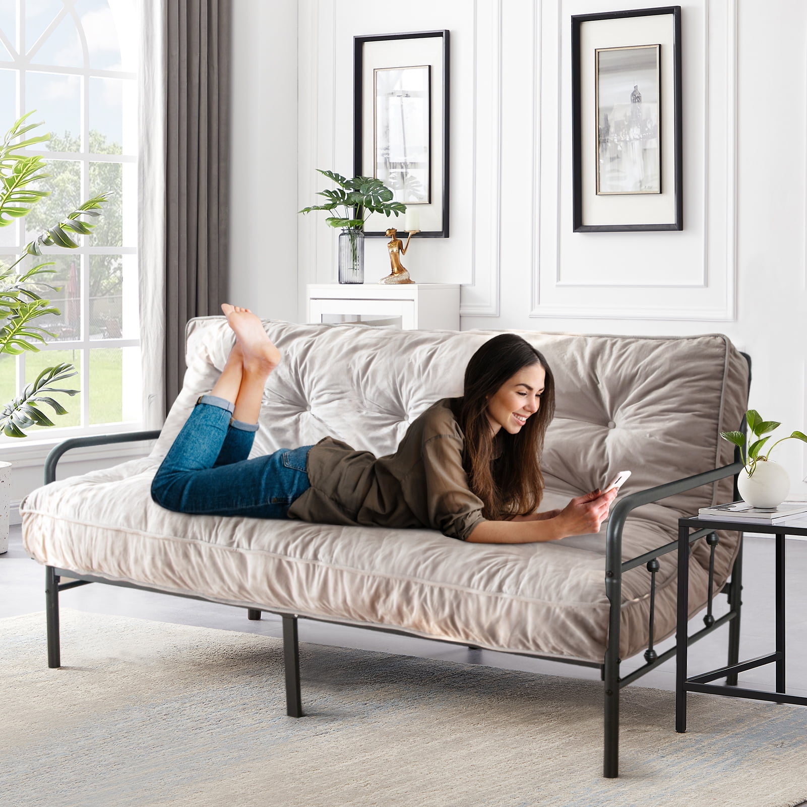 BYBYME 6" Futon Mattress,Velvet Thick Futons Sofa Couch Bed,Floor Mattress for Adults,Shredded Foam Filling,Grey Queen(Frame Not Included)