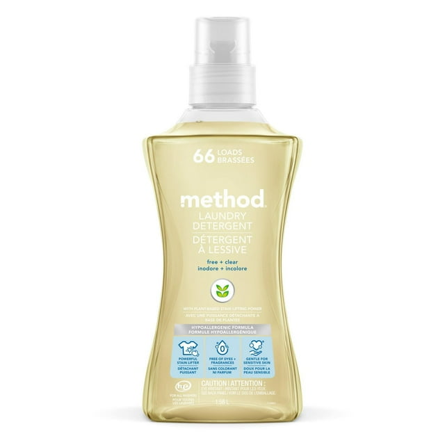 Method Free + Clear laundry detergent in a 1.58L bottle for 66 loads, hypoallergenic and plant-based stain lifting formula