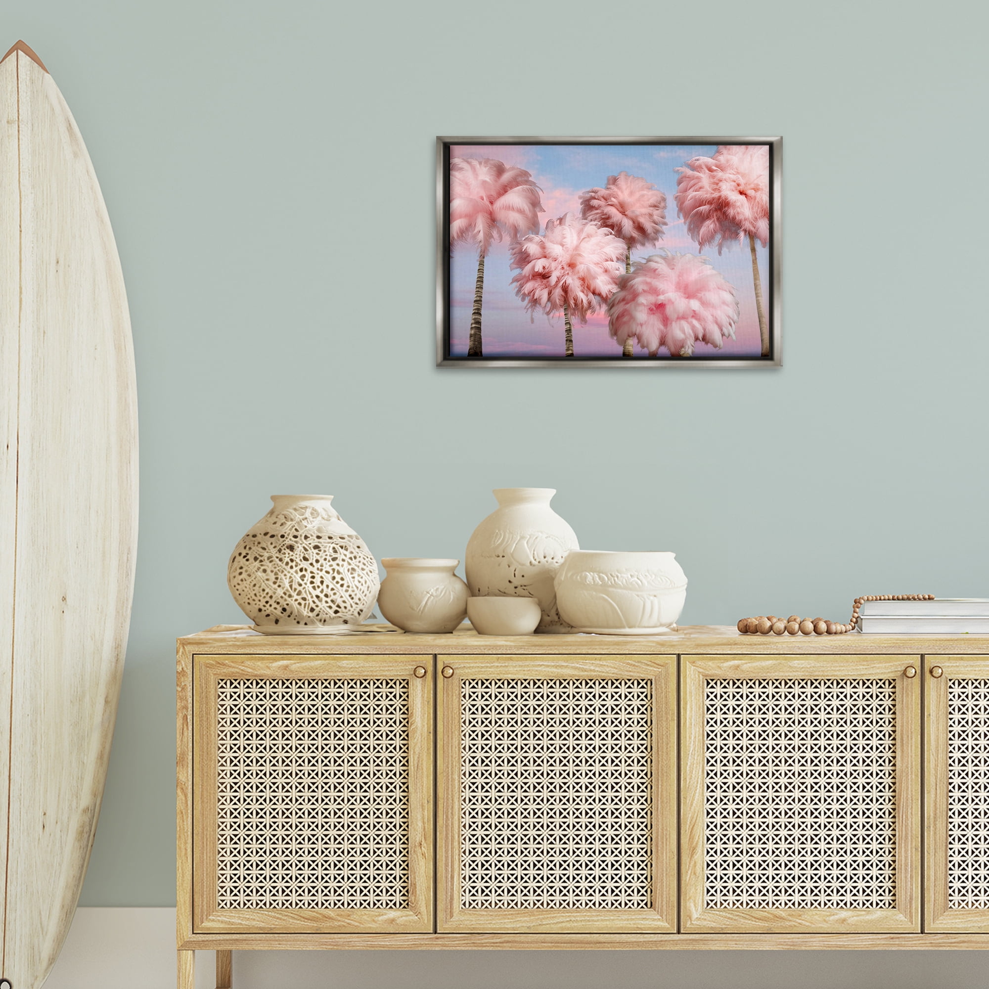 Stupell Industries Fluffy Pink Palm Trees Botanical & Floral Painting Gray Floater Framed Canvas Art Print Wall Art, 25 x 17