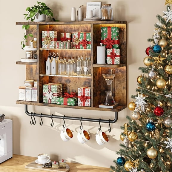 Gaming Floating Shelves, LED Wall Mounted Shelf with Adjustable Glass Shelf, 7 Tiers Display Rack with 8 S-Hook, Gaming Room Decor Wine Coffee Bar Kitchen, Brown