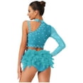 thumbnail image 3 of SiiRoh Women Ballroom Latin Dance Set One Shoulder Crop Top with Feather Briefs Belly Dancing Outfit Sky Blue M, 3 of 6