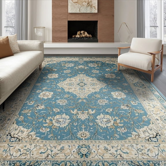 ODIKA 8'x10' Washable Area Rug Durable, Non-Slip Chinoiserie Vintage Distressed Border Dusty Flower Dorm Rig Beachy for Living Room, Under Sectional, Family