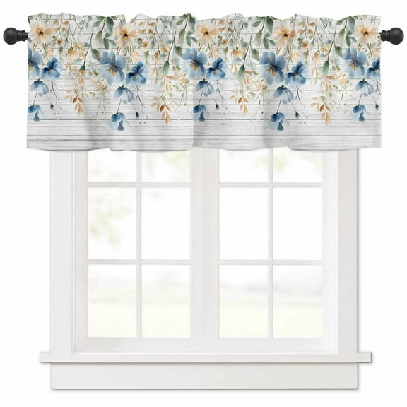 Hokiten Rod Pocket Curtain Valance, Spring Floral Farmhouse Window Valance for Living Room, Bedroom, Kitchen Weeping Blue Botanical Summer Vintage 60"W x 18"L