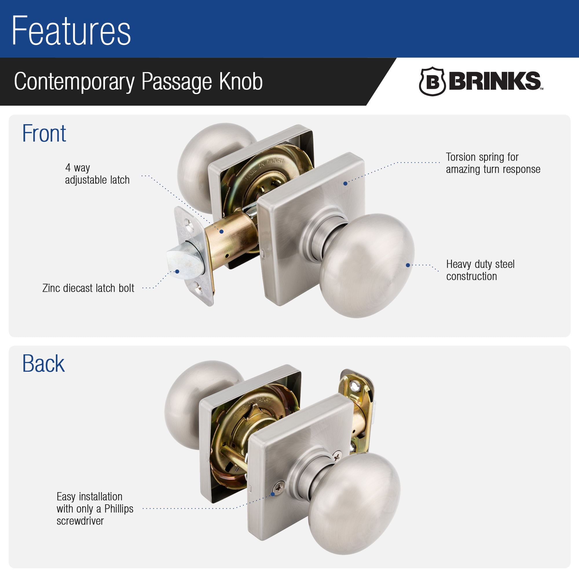 Brinks E2426119 Mendocino Passage Door Knob Set - Nickel
