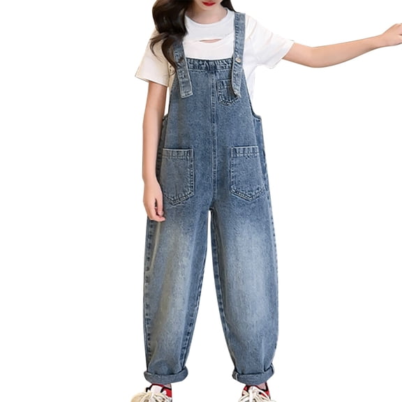 ZLBDYG Girls Baggy Denim Overalls Teen Wide Leg Jean Overalls Adjustable Strap Casual Bib Overall Y2K Pocket Jumpsuit