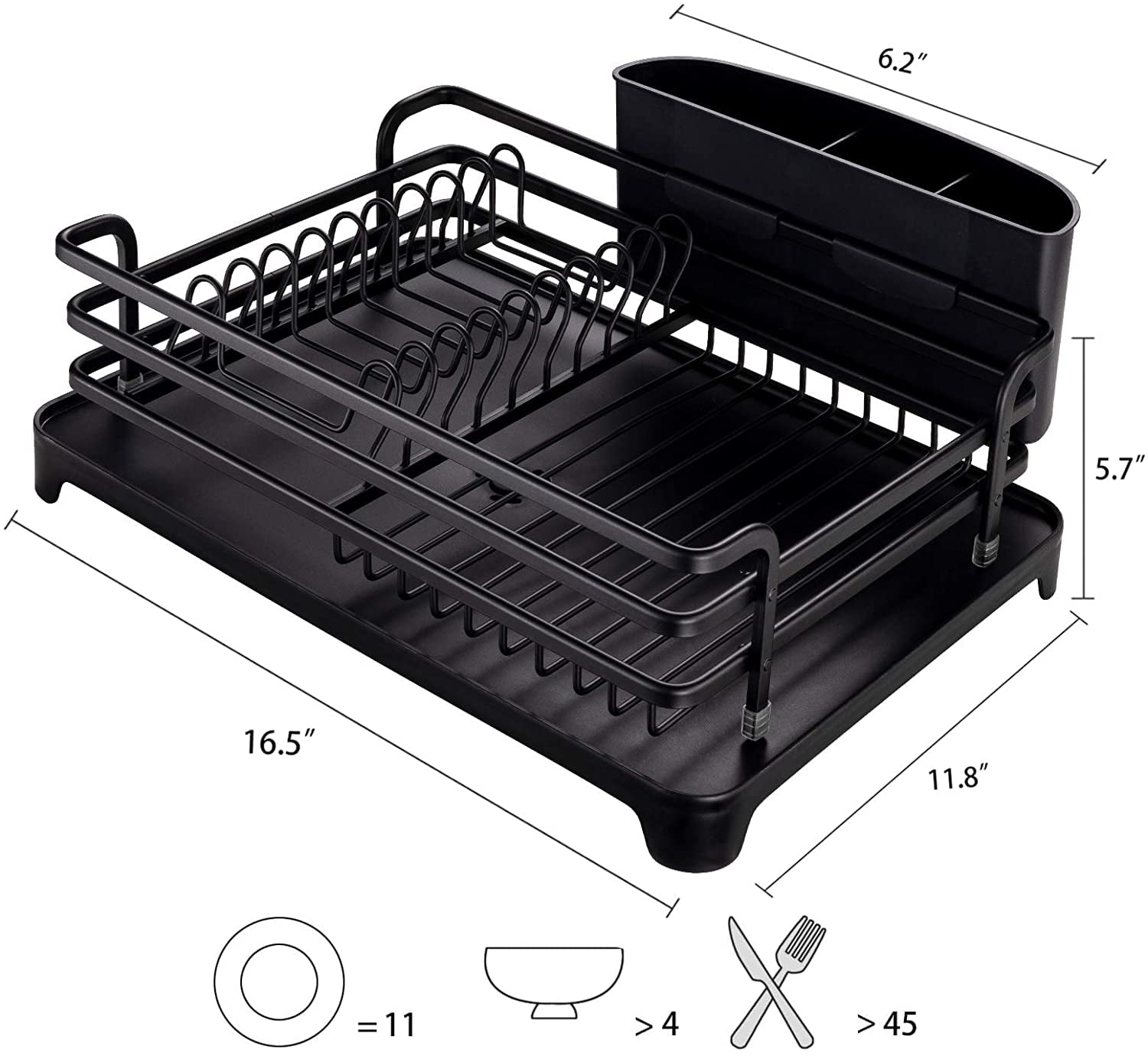 Lyellfe Dish Drying Rack, Rust-Proof Dish Drainer with Drainboard Utensil  Cup Holder, Black Iron Dish Rack and Drainboard Set for Kitchen Counter
