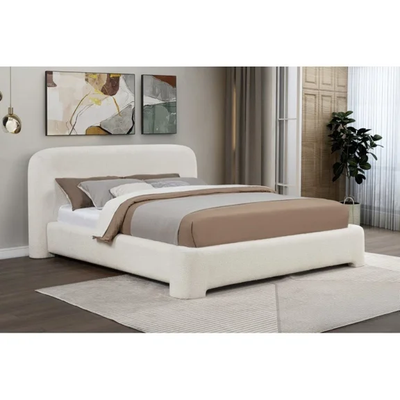 Modern Bedroom California King Platform Bed, White Wood Frame Low Profile Bed with Plush Textured Upholstery