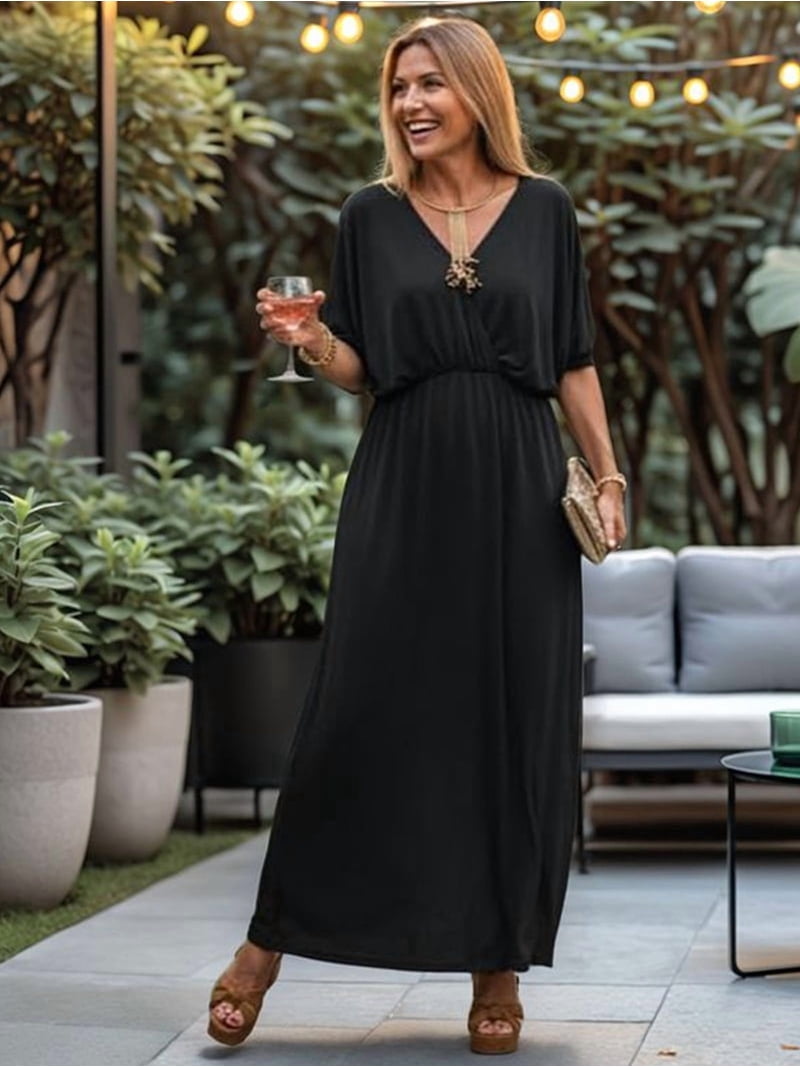 black batwing dress boohoo Women's Plus Double Layer Ruched Plunge Maxi in | Size: 22 Embrace timeless style with this exquisite maxi dress from ASOS DESIGN. Women's Black Batwing V-Neck Maxi