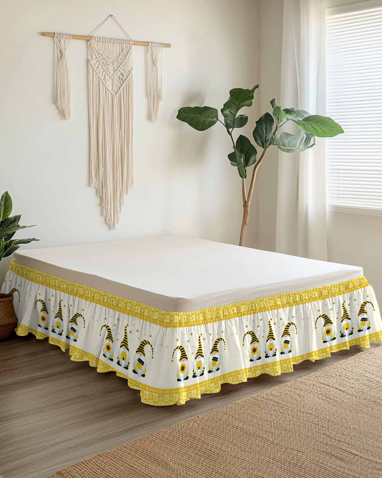 Sweet Gnomes Bed Skirt Bee Daisy Yellow Plaid Bed Skirts Queen Size 18 Inch Drop, Wrap Around Dust Ruffle&nbsp;Bedskirt with Adjustable Elastic Belt for Queen Size Beds