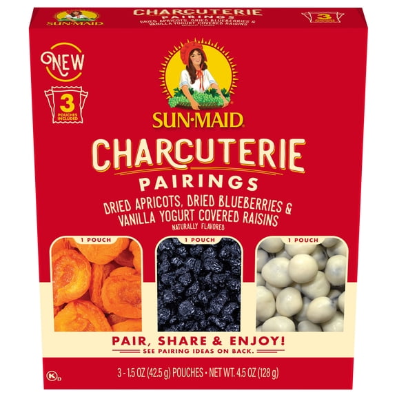 Sun-Maid® Charcuterie Pairings Dried Apricots, Dried Blueberries & Vanilla Yogurt Covered Raisins 3-Pack/1.5oz Pouch