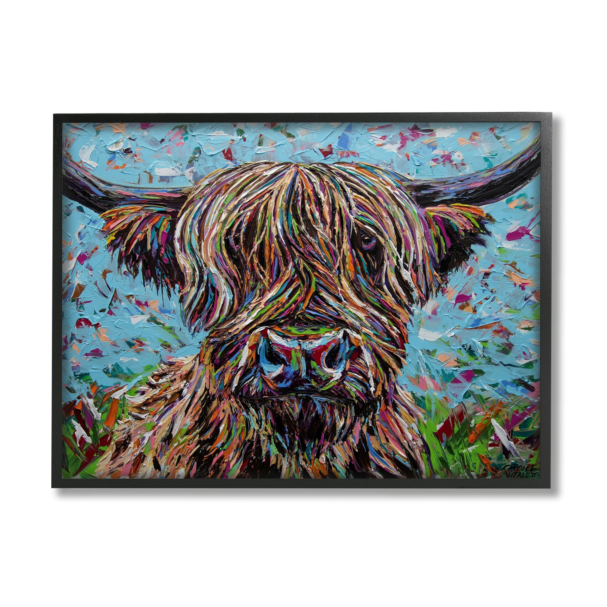 Stupell Industries Highland Cattle Cow Layered Flecked Abstract Portrait Painting Black Framed Art Print Wall Art, Design by Carolee Vitaletti