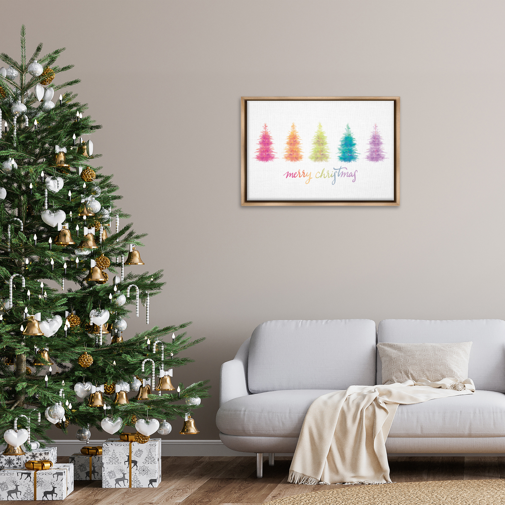 Stupell Industries Rainbow Christmas Trees Holiday Painting Brown Floater Framed Art Print Wall Art, 31 x 21