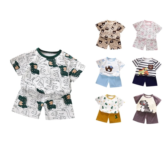 SROBPTY Kids 3M-6Y Print Round Neck Short Sleeve Tops with Elastic Waist Shorts Suits