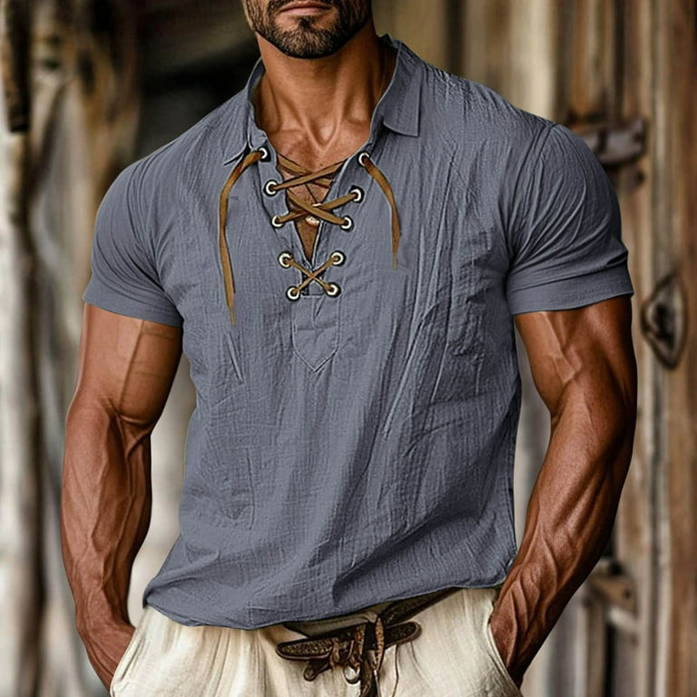 Lace Up Cotton Linen Shirts for Men Vintage Color Block Pullover