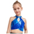 thumbnail image 4 of YiZYiF 2Pcs Girls Metallic Shiny Sequin Crop Top with Skirt for Jazz Latin Ballroom Dance Outfit Set Blue 6, 4 of 7