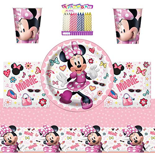Dinner Plates Luncheon Napkins Cups and Table Cover with Birthday Candles Bundle for 16 Minnie Mouse Party Supplies Pack Serves 16 