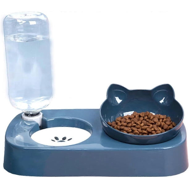 Cute cat food bowl water bowl set. Indoor cats use tilted raised cat food bowls and removable elevated cat bowl racks.