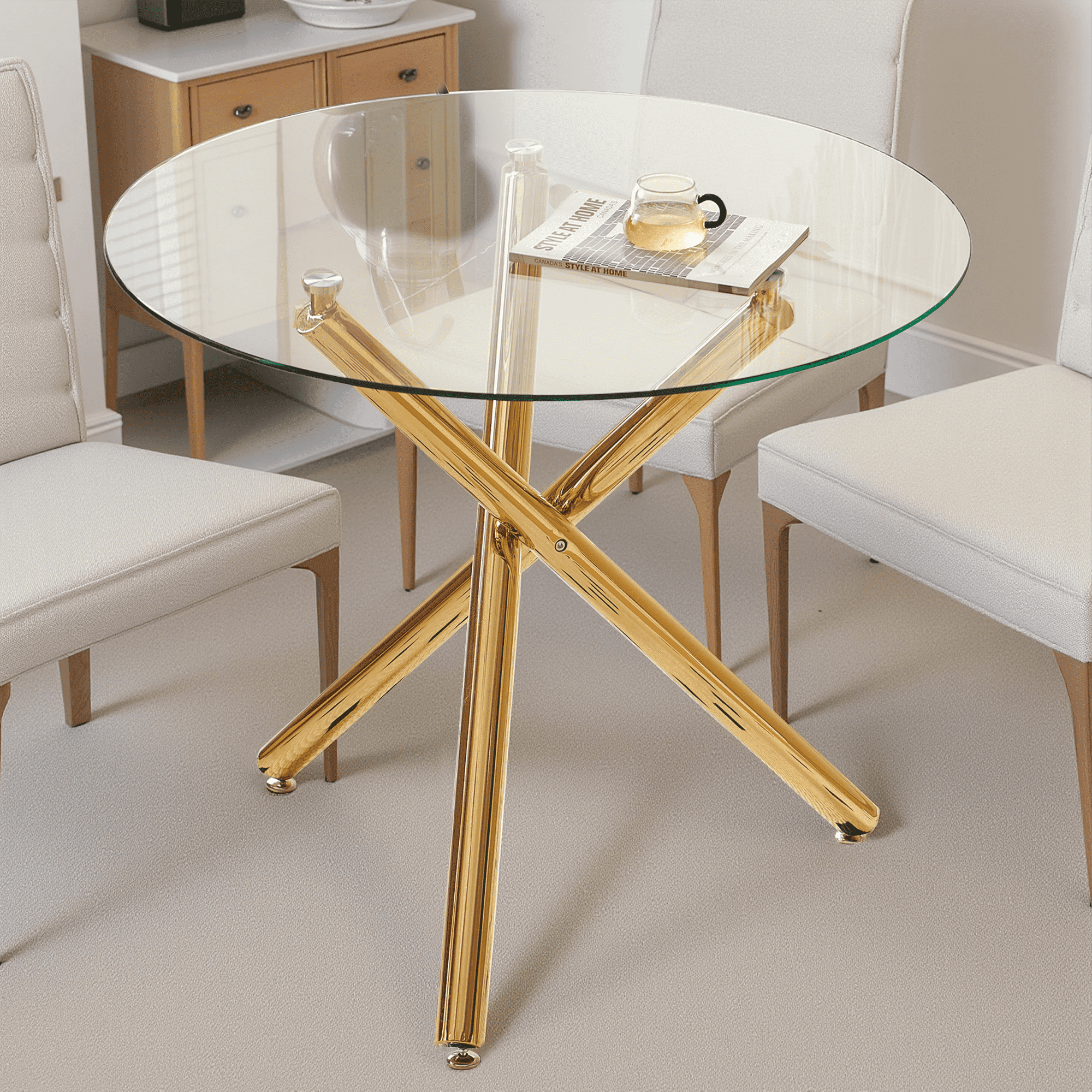 MAYEERTY Modern Golden Dining Table Cross Legs Glass Top Luxurious Living Room