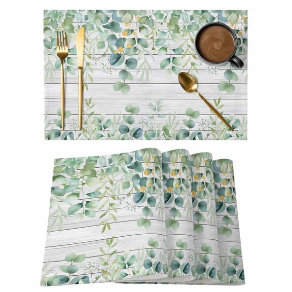 Green Placemats Set of 6, Eucalyptus Leaves Placemats for Dining Table, Place Mats for Kitchen Tabletop, Waterproof Wipeable Dining Table Mats Set