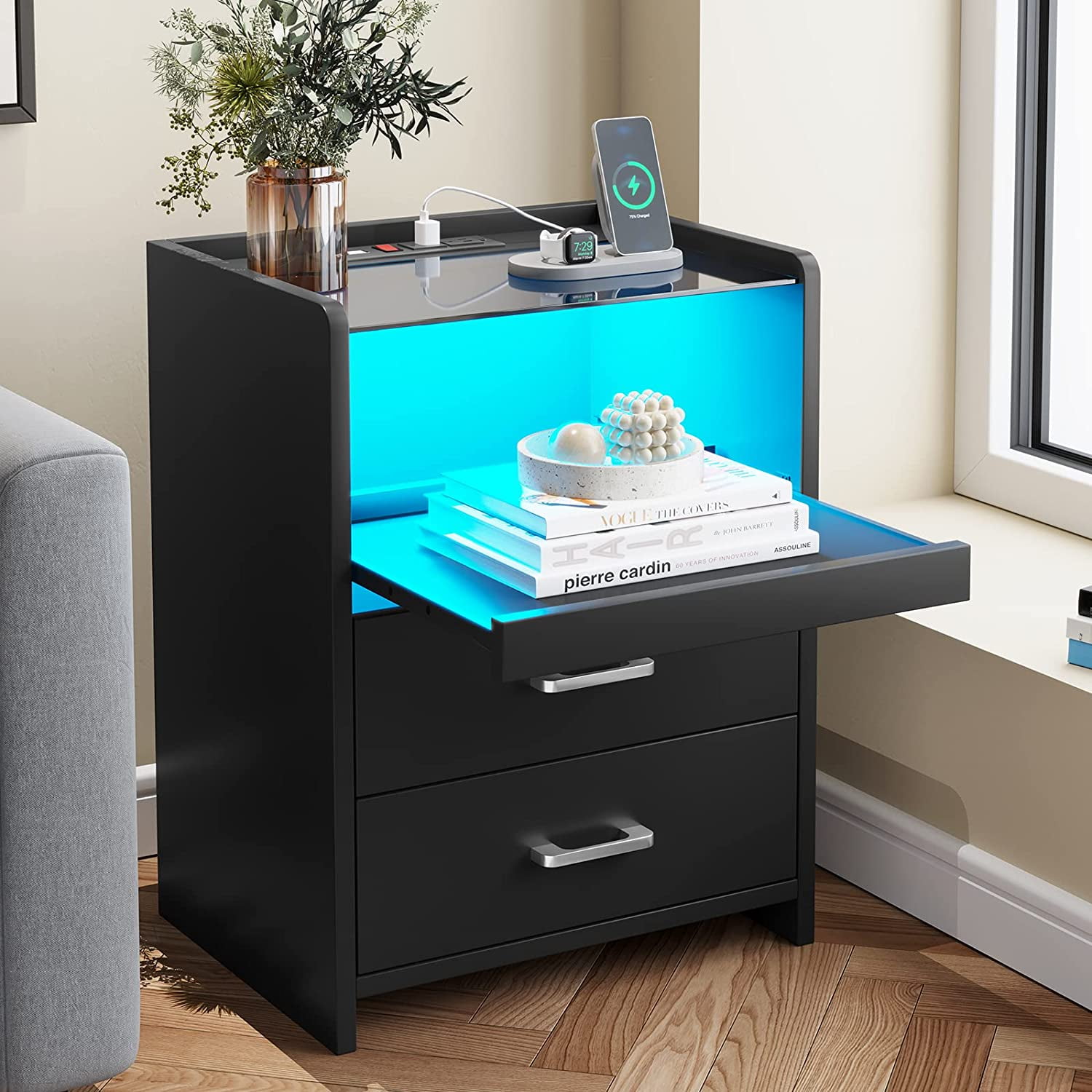 LED Nightstand with USB Plug Charging, Nightstand with PullOut Tray