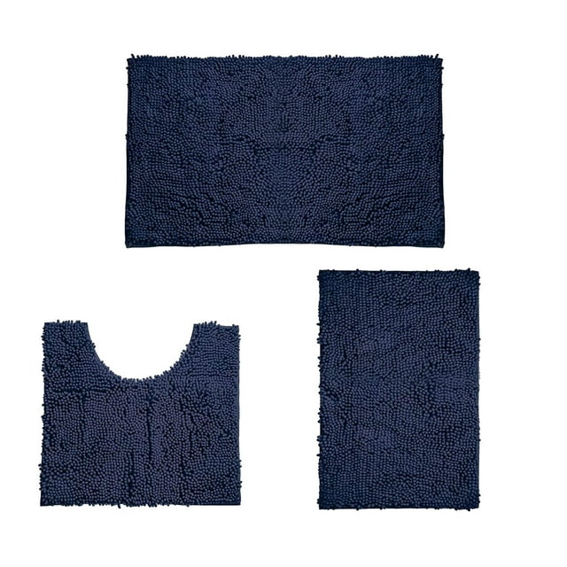 Wosthever Lujosas alfombrillas de baño a rayas suaves para una experiencia cómoda Juego de 3 piezas de alfombrillas supersuaves Juegos de accesorios de baño azul oscuro