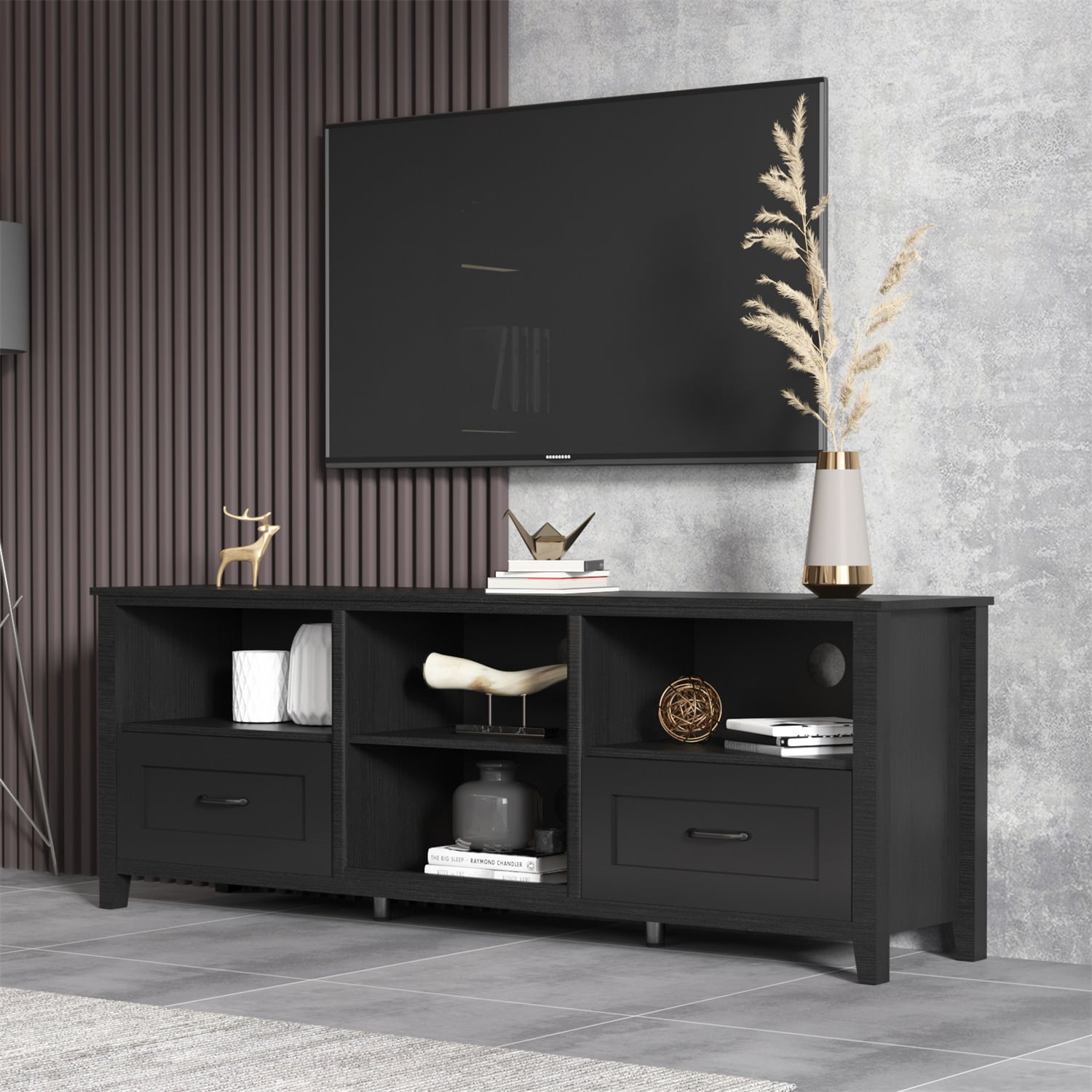 Kadyn 70.08 Inch Length Black TV Stand, Particle Board Tv Stand Console for Living Room, Modern TV Cabinet with 2 Drawers and 4 High-Capacity Storage Compartment Kadyn 70.08 Inch Length Black TV Stand, Particle Board Tv Stand Console for Living Room, Modern TV Cabinet with 2 Drawers and 4 High-Capacity Storage Compartment