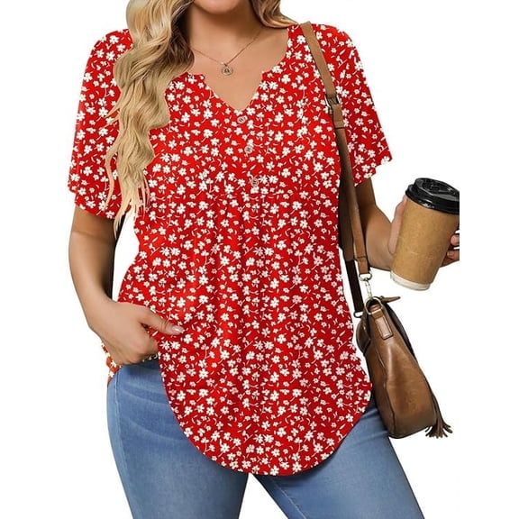 Womens Plus Size Tunic Tops Summer Short Sleeve V Neck Floral Blouse Casual Loose Fit Pleated Button Down Dressy T Shirts for Work, Travel & Everyday Wear