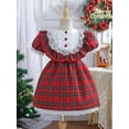 thumbnail image 2 of Toddler Girls Christmas Dress Short Sleeve Lace Trim Crewneck Plaid Dress, 2 of 9