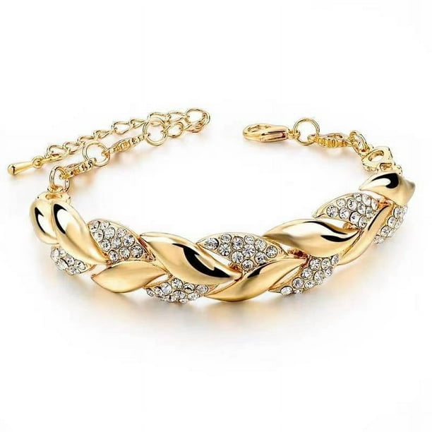 Pulsera ajustable con hojas doradas y diamantes. Joyas europeas y americanas