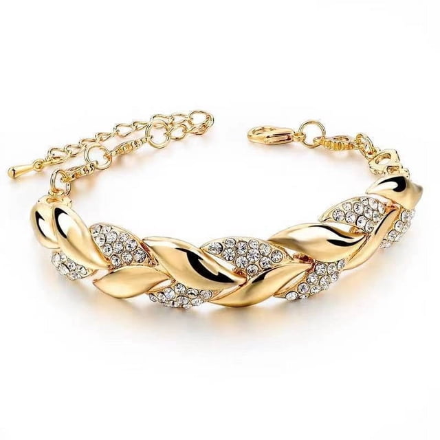 Pulsera ajustable con hojas doradas y diamantes. Joyas europeas y americanas