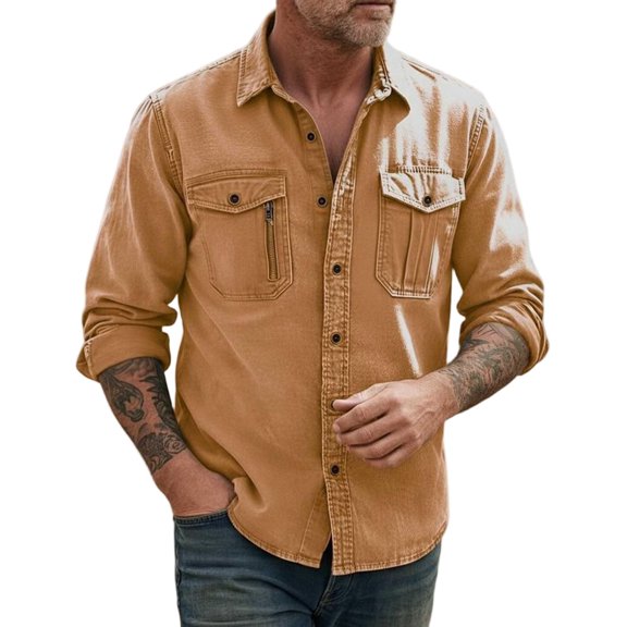 DeHolifer Men's Denim Shirt Plus Size Solid Color Button Down Long Sleeve Cowboy Work Shirts Khaki 3XL