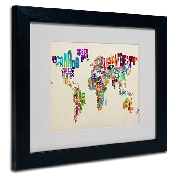Trademark Fine Art Michael Tompsett 'Typography World Map II' Matted Art Black Frame 11x14 Inches