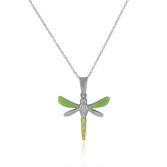 925 Sterling Silver 3D Enamel Glitter Dragonfly Charm Pendant Necklace, 18"