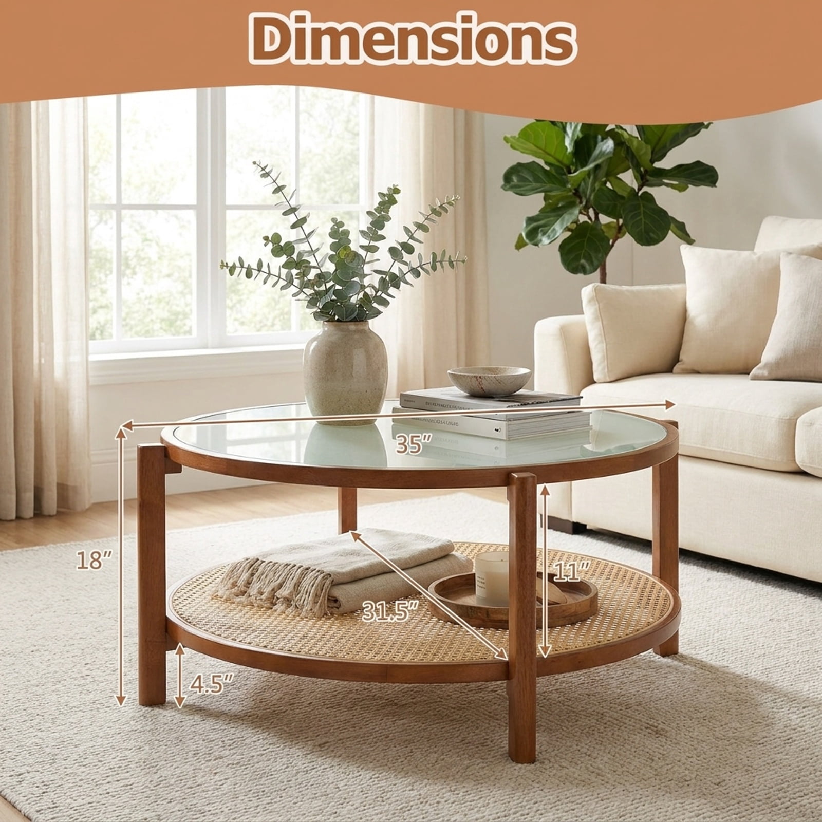 Furnibear 2 Tier Round Rattan Coffee Table with Frosted Tempered Glass Top and Acacia Wood Legs a Boho Living Room Center Table, Walnut