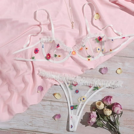 

Medcursor Flowers Embroidery Bra G-String Thong Sleepwear Underwear Women Lingerie