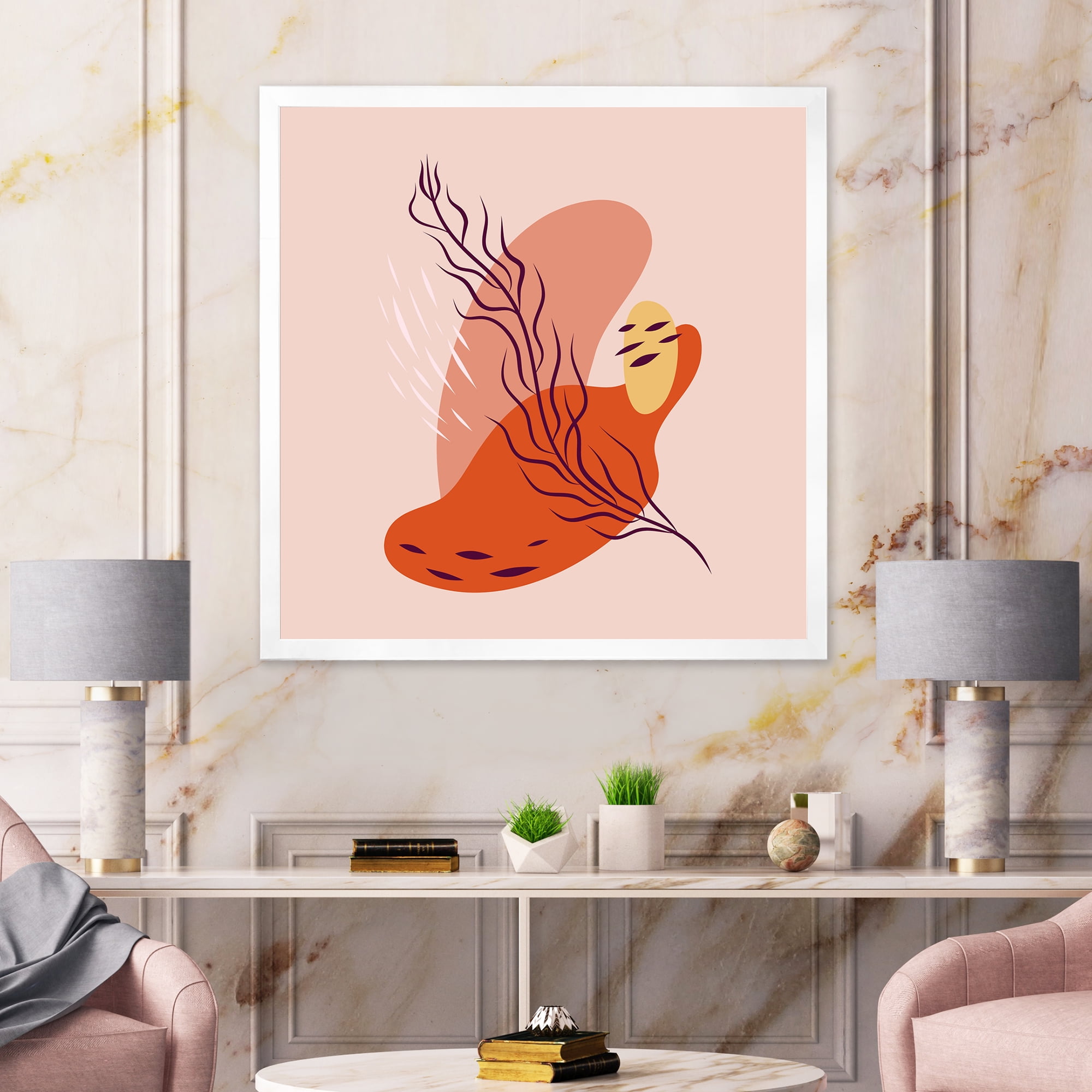 Abstract Warm Colors Spring Leaf 36 in x 36 in Framed Painting Canvas Art Print, by Designart