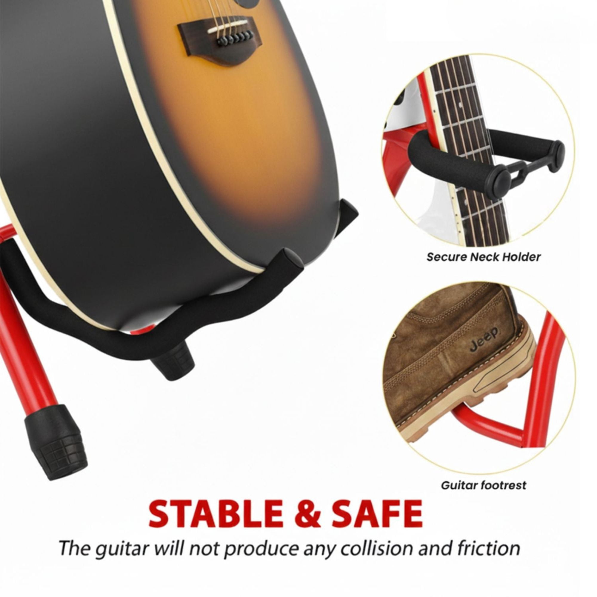 Padded Guitar Stool with Backrest, Built-in Stand & Footrest - Red